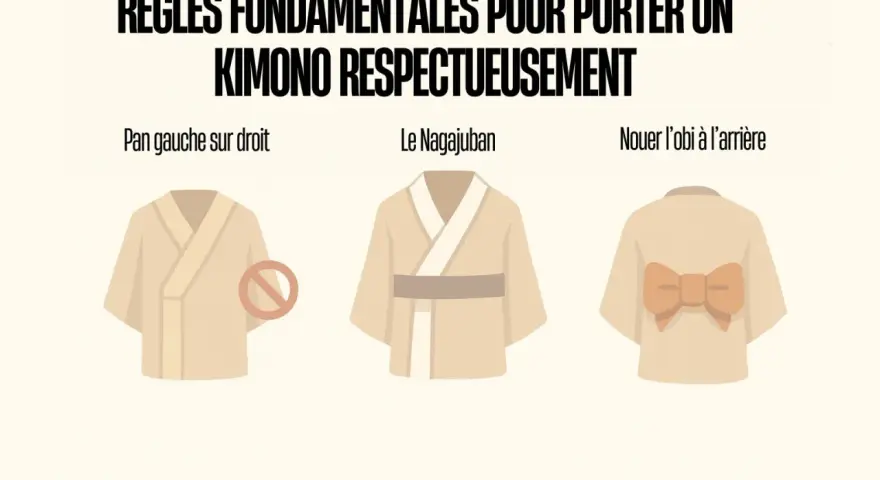 Illustration montrant comment porter un kimono court : le pan gauche sur le droit, le nagajuban, et l'obi noué à l'arrière.