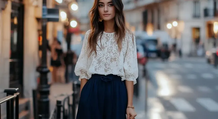Une femme élégante porte un haut en dentelle blanche avec un pantalon bleu marine. Une tenue parfaite pour savoir que mettre avec un pantalon bleu marine.