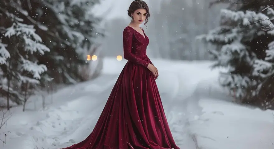 Une femme en robe bordeaux élégante dans un paysage enneigé. Idée pour un mariage en hiver comment s'habiller.