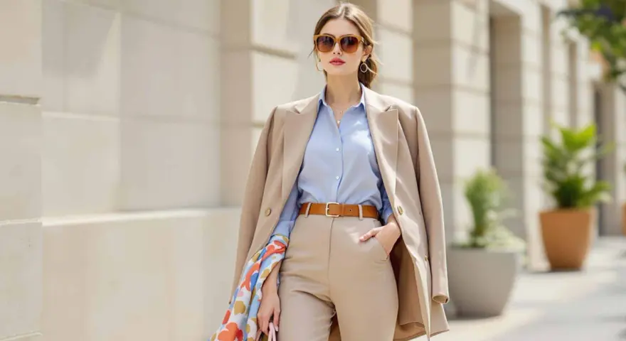 Une femme porte une chemise bleu avec un pantalon beige, un blazer camel et des lunettes de soleil.