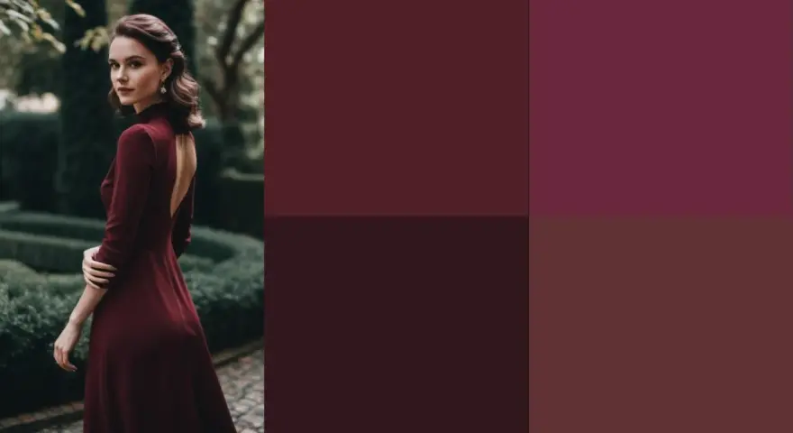 Une femme élégante porte une robe bordeaux. L'image suggère quelle couleur associer avec une robe bordeau pour un look sophistiqué.