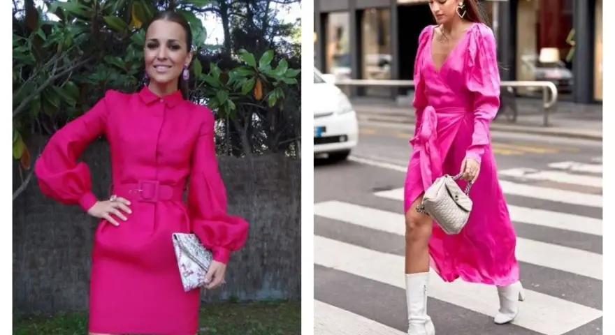 Deux femmes portent des robes rose fuchsia. L'une est ceinturée, l'autre drapée. Les couleurs qui vont avec le rose fuchsia sont le blanc et l'argenté, comme le montrent leurs accessoires.