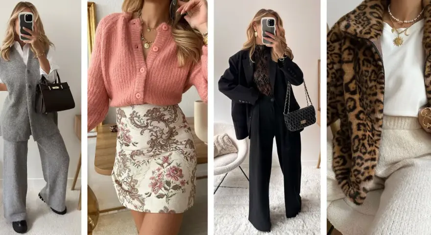 Idées de tenues pour Noël : tailleur gris, robe fleurie rose, tailleur noir chic, ou manteau léopard.