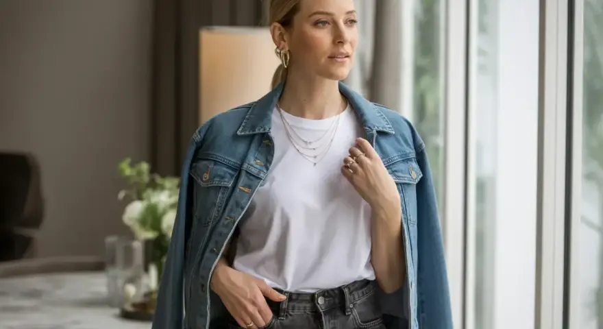 Une femme porte une veste en jean bleue sur un t-shirt blanc et un jean gris. Elle a des colliers superposés et des bagues.