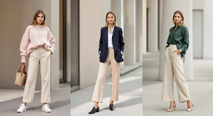 Trois femmes portent une tenue avec pantalon beige femme hiver : un pull rose, un blazer bleu marine, et une chemise verte.