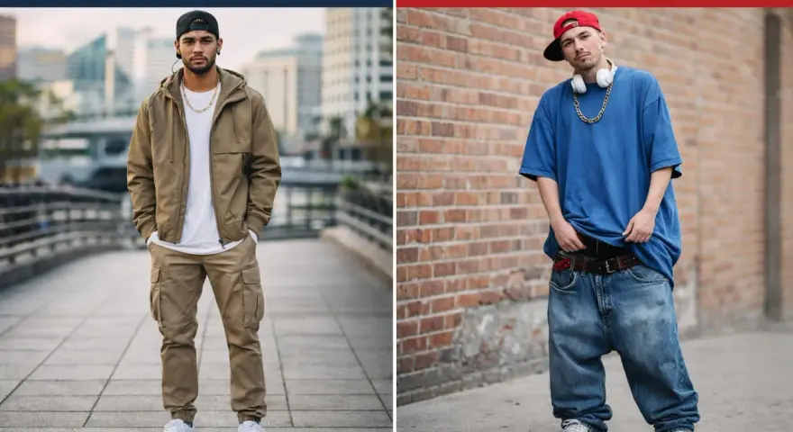 Deux hommes illustrent le style vestimentaire streetwear : l'un avec une tenue soignée, l'autre avec une allure plus décontractée.