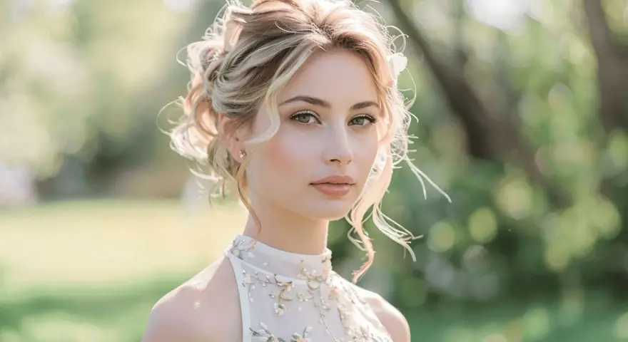 Une jeune femme au chignon flou, portant une tenue mariage religieux femme ornée de fleurs et de perles, pose en extérieur.