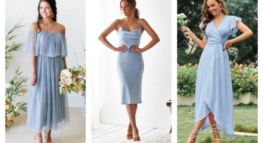 Trois femmes portent des robes bleu ciel. Laquelle de ces couleurs de chaussures irait le mieux avec une robe bleu ciel ? Des sandales nude et transparentes.