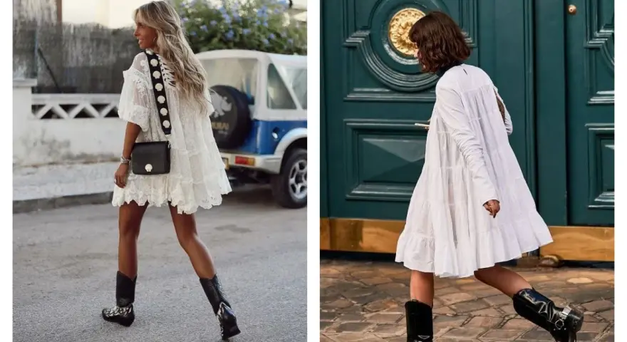 Deux femmes portent une robe blanche avec des santiags. L'une a une robe en dentelle et l'autre une robe à volants.