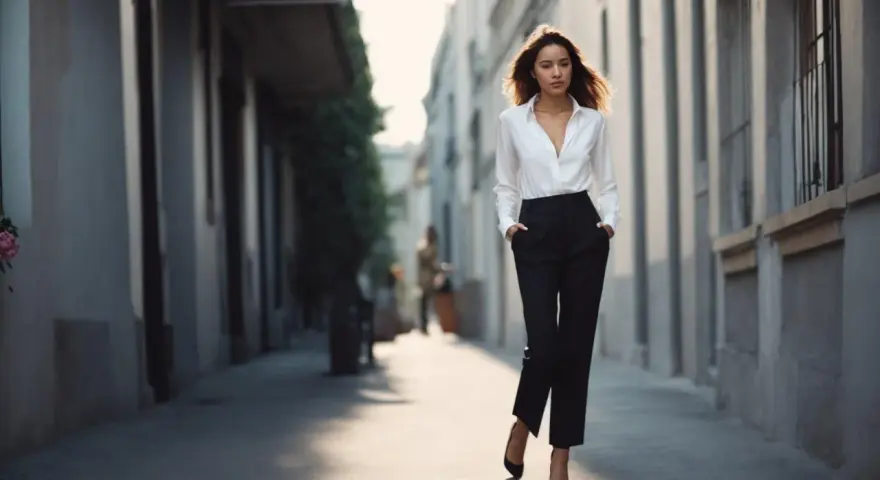 Une femme élégante marche dans une ruelle, portant une chemise blanche et un pantalon noir.