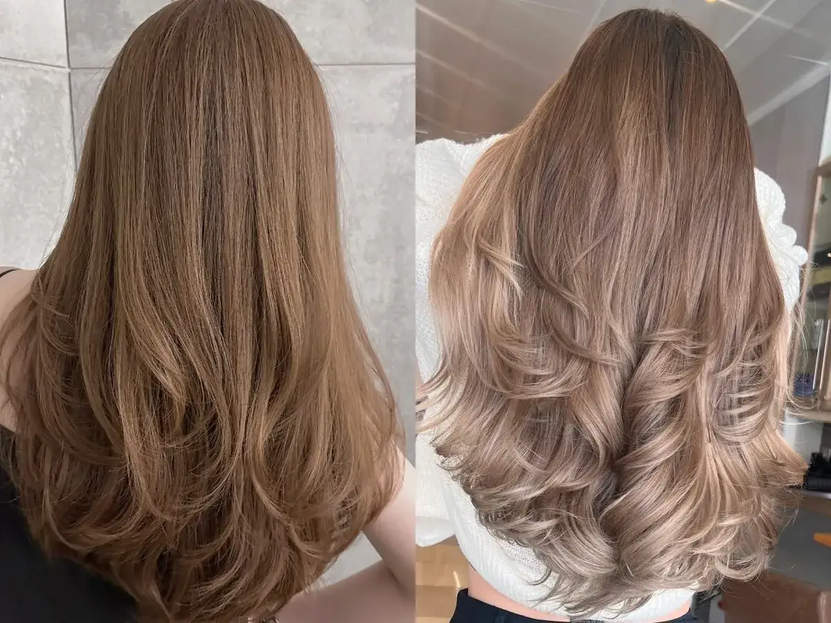 Chevelure brune aux reflets chauds, idéale pour une colorimétrie peau claire. Les mèches ondulées apportent volume et douceur.