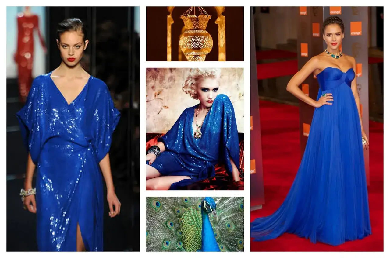 Inspiration mode : quelle couleur associer au bleu roi ? Des robes de soir&eacute;e &eacute;clatantes, un paon majestueux et une lanterne dor&eacute;e.