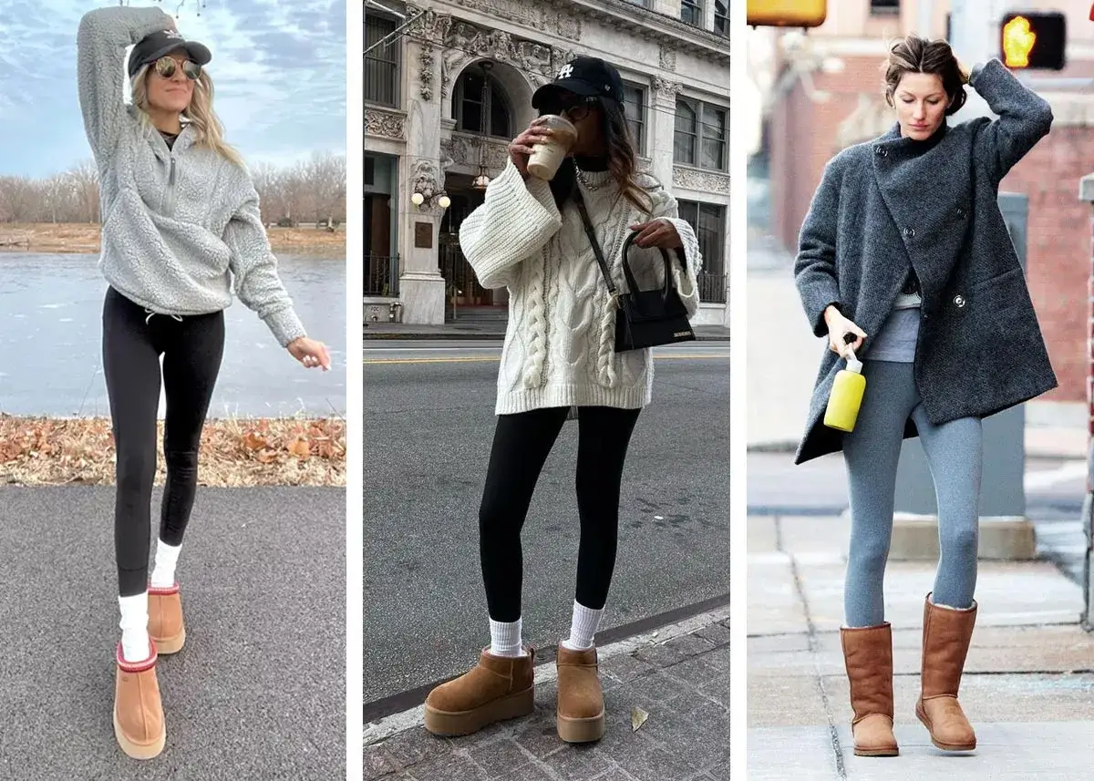 Trois femmes portent des tenues confortables avec des bottes Ugg. L'une d'elles a une tenue avec des Ugg noirs.