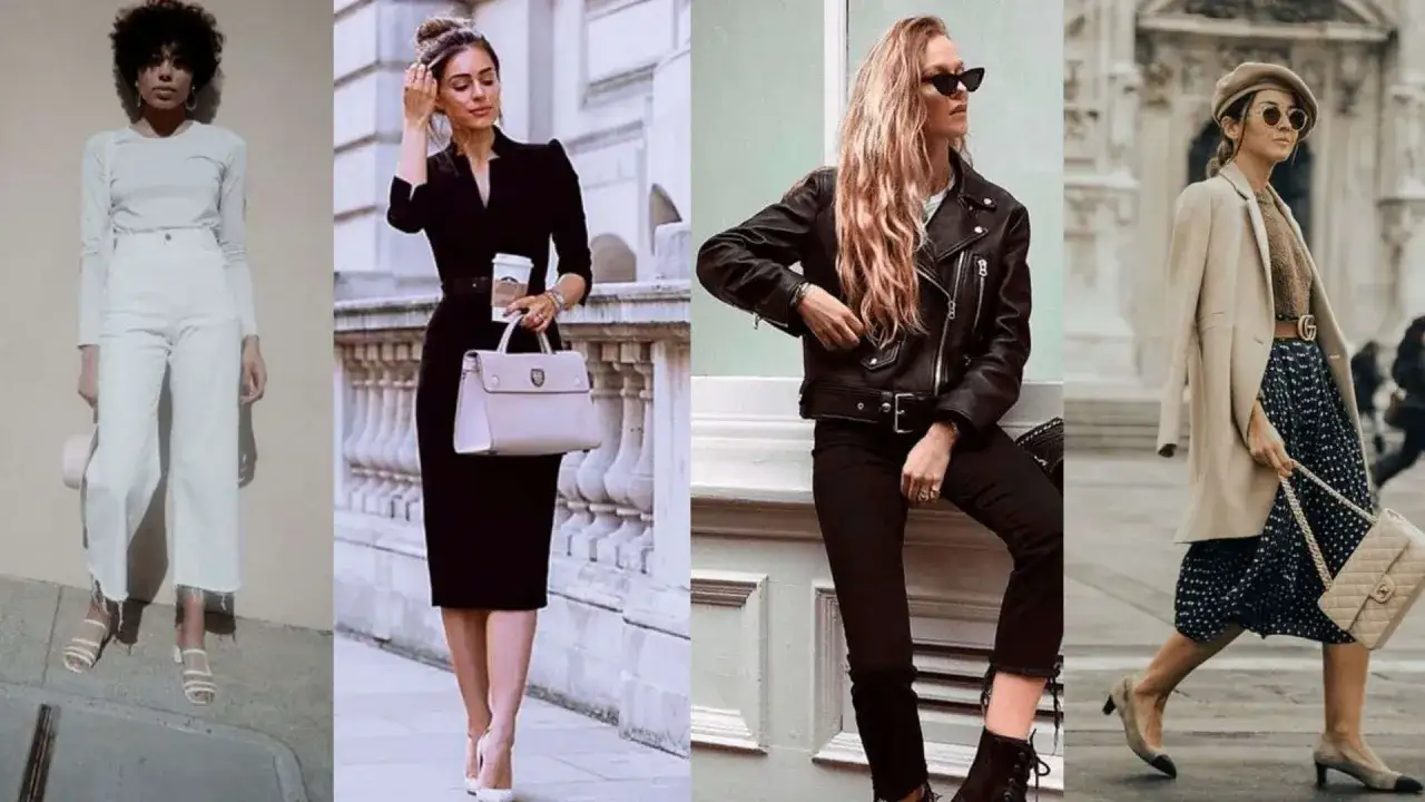 Quatre femmes pr&eacute;sentent diff&eacute;rents styles vestimentaires : blanc monochrome, robe noire chic, perfecto rock et tenue &eacute;l&eacute;gante avec manteau beige.
