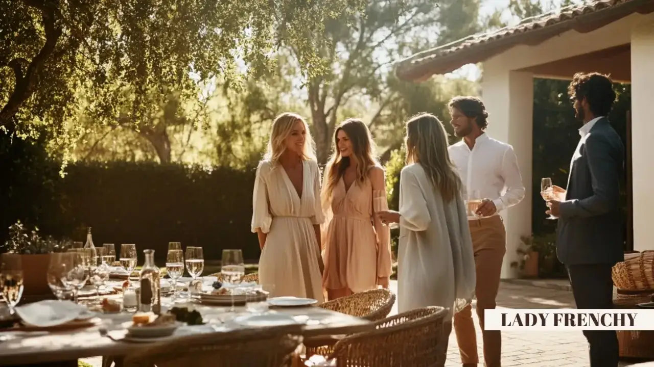 Des femmes &eacute;l&eacute;gantes en robes l&eacute;g&egrave;res et hommes en tenues d&eacute;contract&eacute;es discutent lors d'un brunch ensoleill&eacute;. Id&eacute;es pour savoir comment s'habiller pour un brunch.