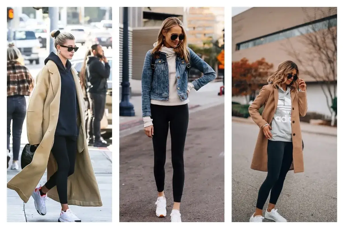 Trois femmes portent des leggings noirs avec des baskets. Id&eacute;es de quelles chaussures avec un legging noir pour un look d&eacute;contract&eacute;.
