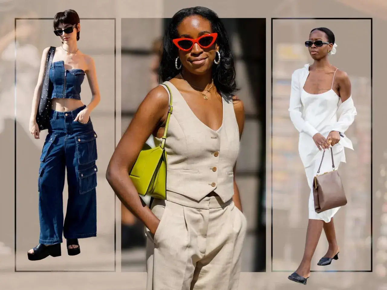 Trois femmes affichent un style année 90 : look denim cargo, tailleur beige chic et robe blanche minimaliste.