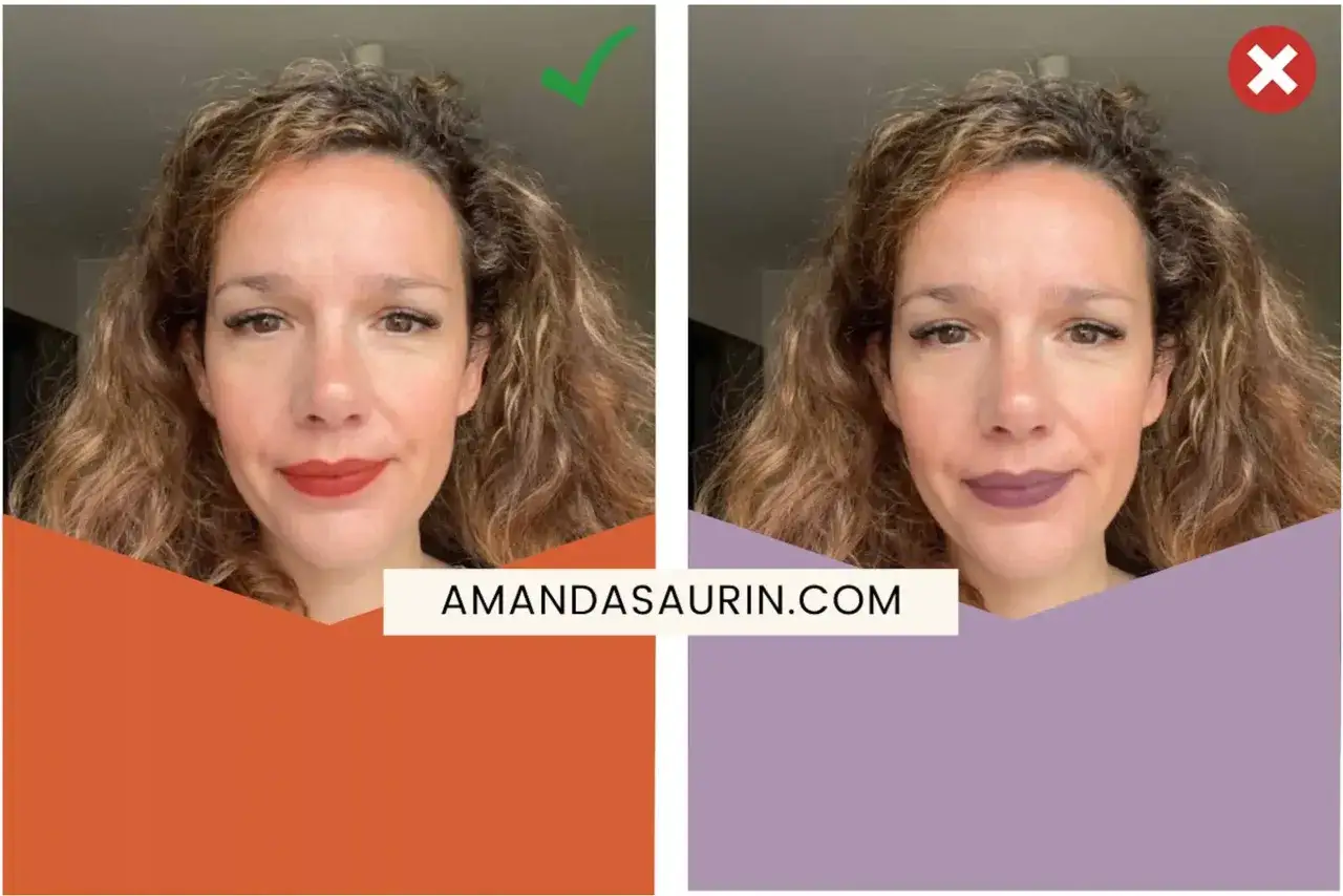 Comparaison de deux looks : rouge &agrave; l&egrave;vres rouge &eacute;clatant avec une colorim&eacute;trie cheveux r&eacute;ussie (coche verte) et un rouge &agrave; l&egrave;vres prune terne (croix rouge).