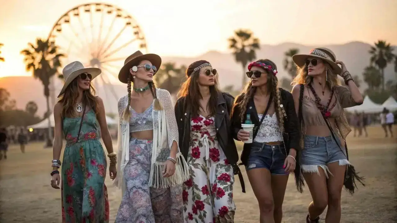 Cinq amies au style boh&egrave;me, pr&ecirc;tes pour Coachella, marchent ensemble sous le soleil couchant, une grande roue en arri&egrave;re-plan.