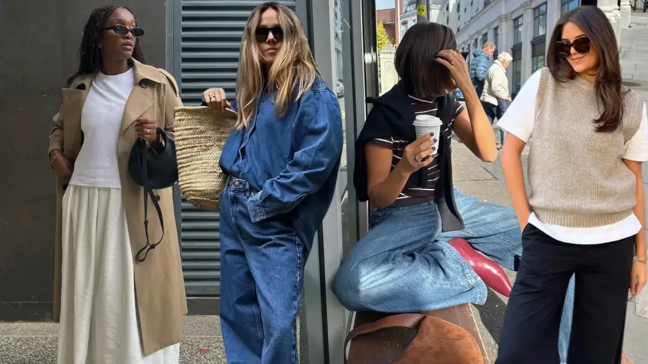 Quatre femmes affichent un style casual chic : trench, total look denim, tenue rayée et gilet sans manches.