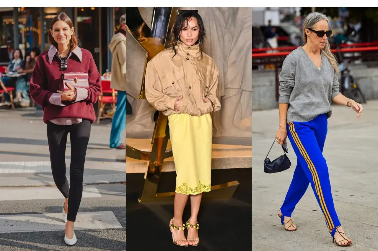 Trois femmes adoptent le style athleisure : leggings et pull bordeaux, veste beige et jupe jaune, ou pantalon de survêtement bleu et pull gris.