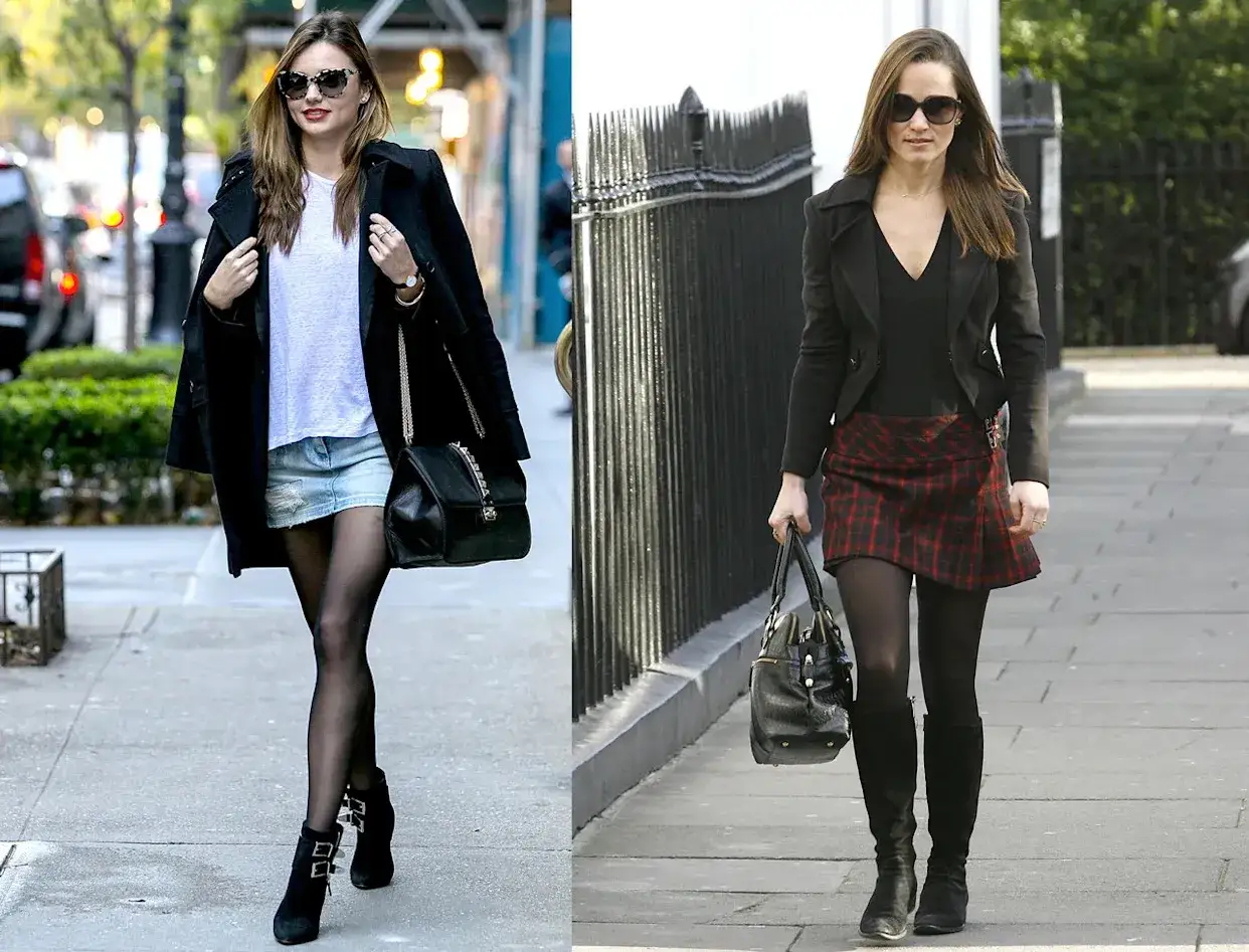 Deux femmes en jupe et bottes, l'une en jean court et bottines, l'autre en jupe &eacute;cossaise et cuissardes.