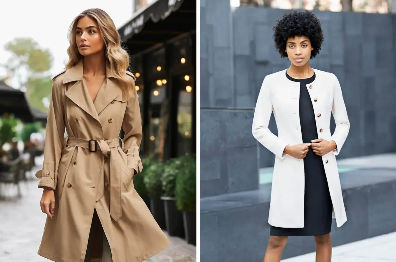Deux femmes portent des manteaux élégants. L'une, en beige, arbore un trench classique. L'autre, en blanc, complète une robe noire.