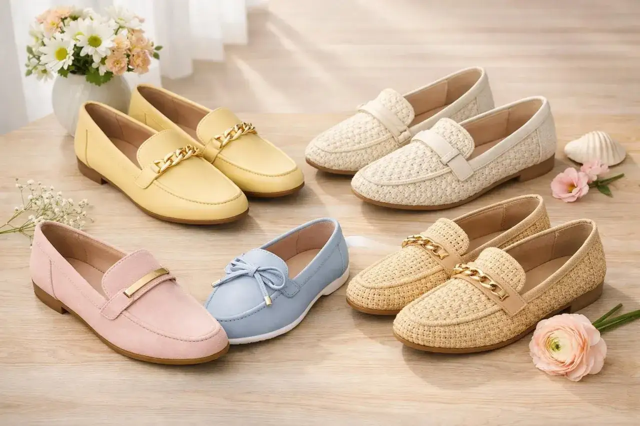 Collection de mocassins pour femmes : jaunes à chaîne dorée, roses à boucle, bleus à nœud, et en raphia naturel ou écru. Ce type de mocassin est parfait pour l'été.