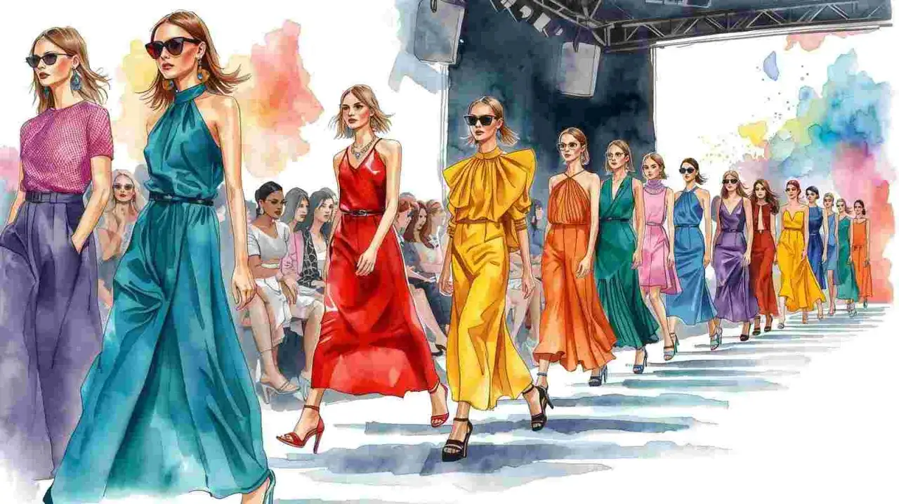 Défilé de mode vibrant, une explosion de couleur de l'été. Des robes fluides aux teintes vives défilent sur le podium, sous les regards admiratifs.