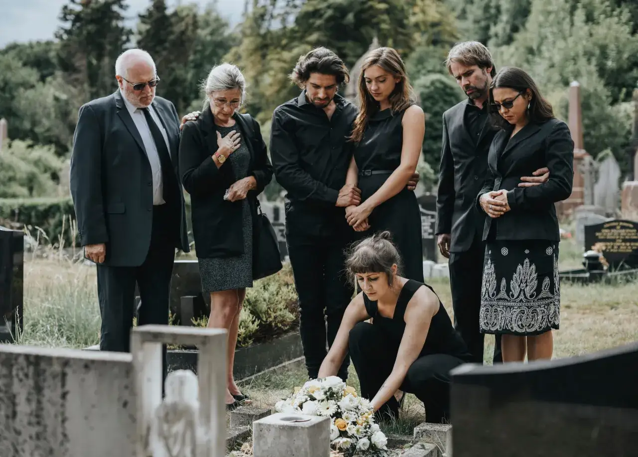 Un groupe de personnes en tenue d'enterrement se recueille devant une tombe, l'une d'elles d&eacute;posant des fleurs.