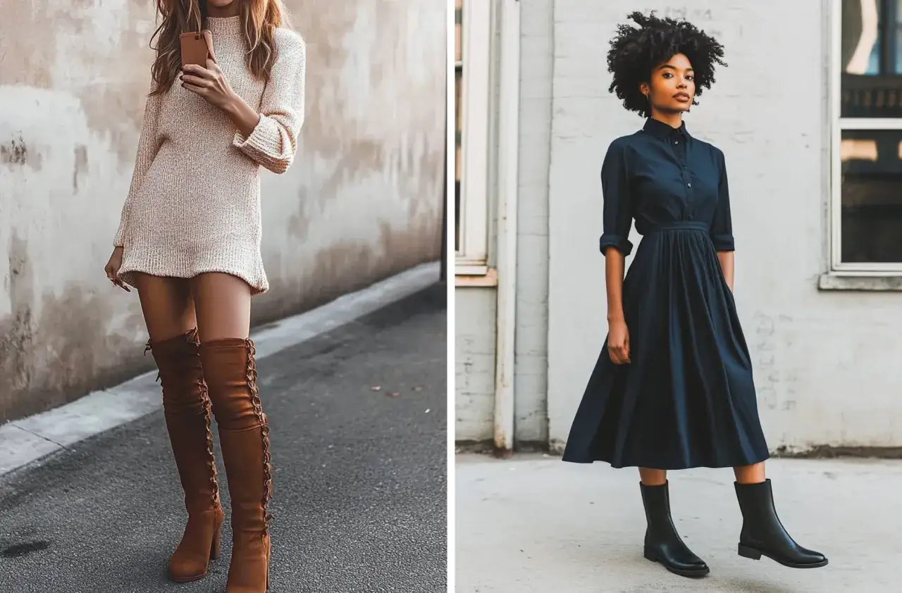 Deux femmes portent une robe avec bottes. L'une a une robe pull beige et des bottes hautes en daim marron. L'autre porte une robe chemise bleu marine et des bottines noires.