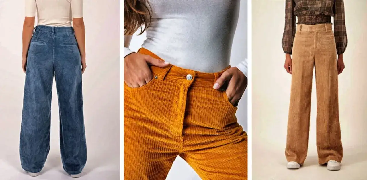 Trois pantalons en velours côtelé pour femme : bleu, moutarde et beige. Parfait pour un look décontracté, quelle chaussure avec pantalon velours femme ?