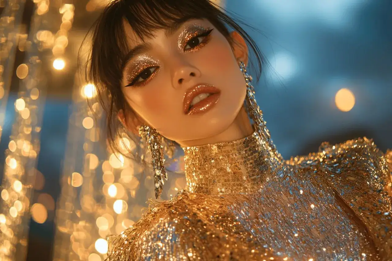 Maquillage scintillant et robe dor&eacute;e, un look glamour. Quelle couleur va avec le dor&eacute; v&ecirc;tement ? Le bleu nuit et les reflets argent&eacute;s des bijoux.