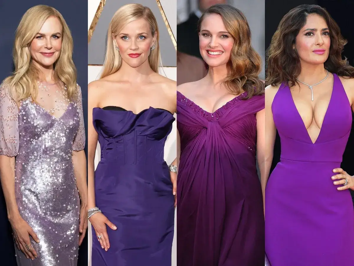 Quatre actrices célèbres portent des robes élégantes de couleur violet. Nicole Kidman, Reese Witherspoon, Natalie Portman et Salma Hayek brillent sur le tapis rouge.