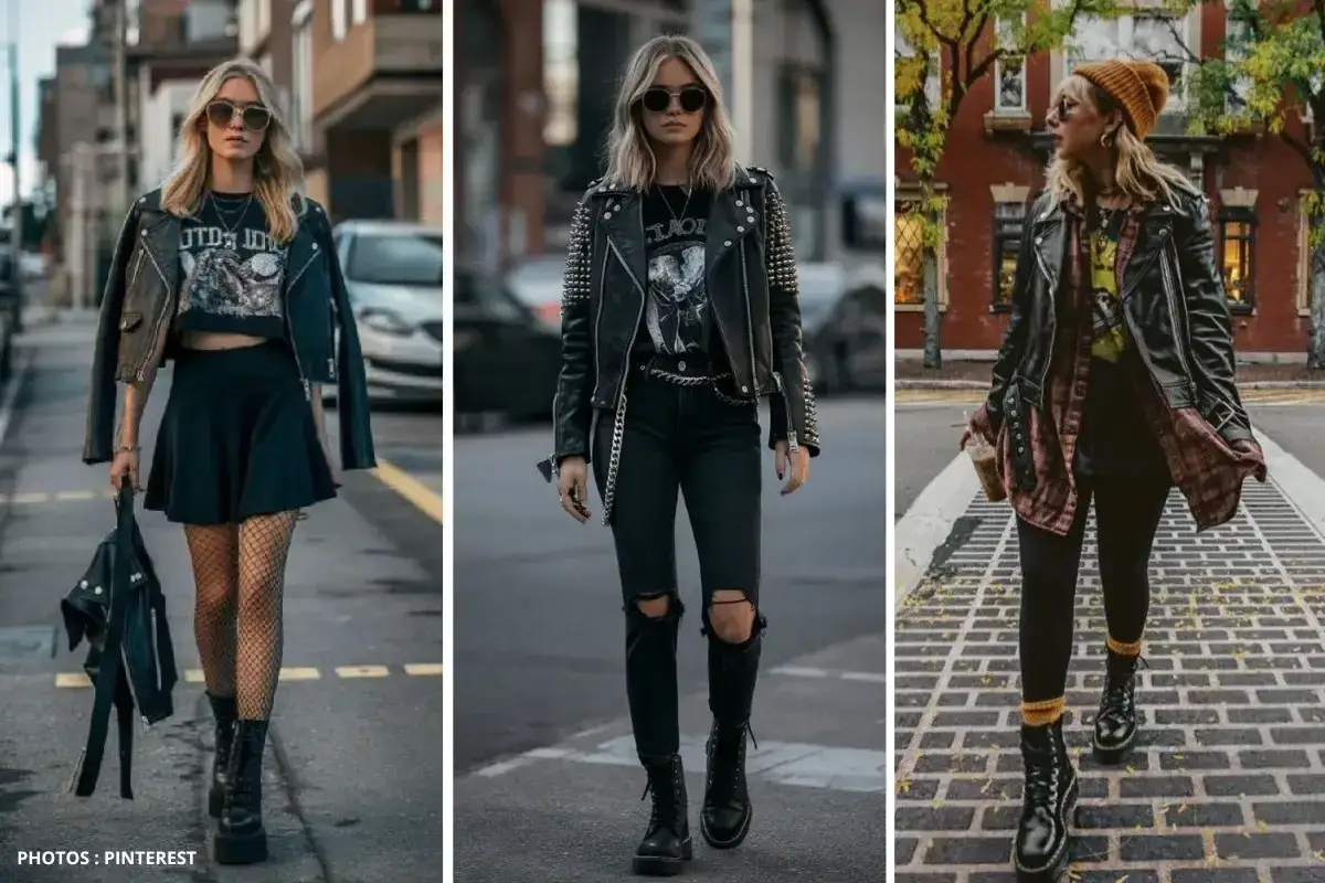 Trois looks rock'n'roll : perfecto clouté, jupe évasée, résille, jean déchiré, chemise à carreaux. Parfait pour une tenue festival rock.