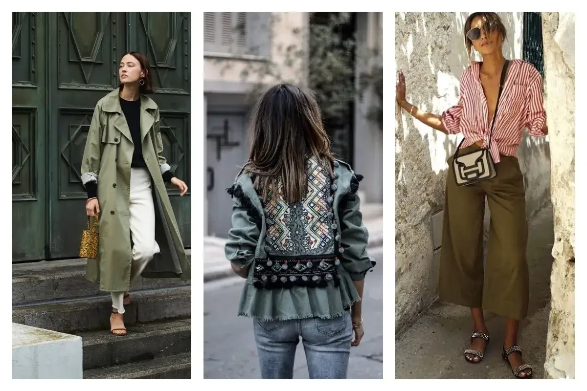 Trois looks styl&eacute;s : trench kaki avec pantalon blanc, veste kaki brod&eacute;e, et pantalon kaki avec chemise ray&eacute;e. Quelle couleur avec le kaki ? Le blanc, le rouge, le noir, tout lui va !
