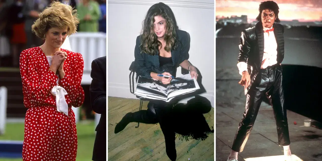 Ic&ocirc;nes des ann&eacute;es 80 : Lady Diana en robe &agrave; pois, Cindy Crawford feuilletant un livre, et Michael Jackson dans son c&eacute;l&egrave;bre costume en cuir.