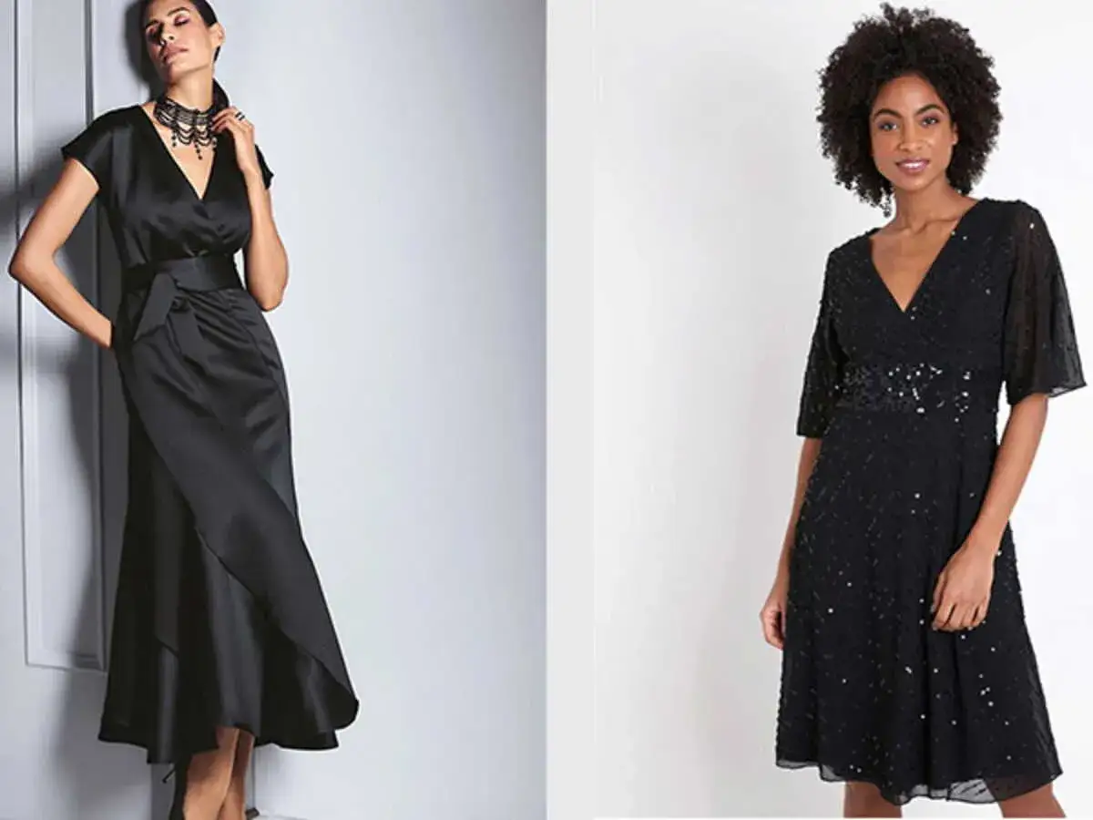 Deux robes noires élégantes, parfaites pour savoir comment porter robe noire à 50 ans. L'une est longue et satinée, l'autre courte et pailletée.