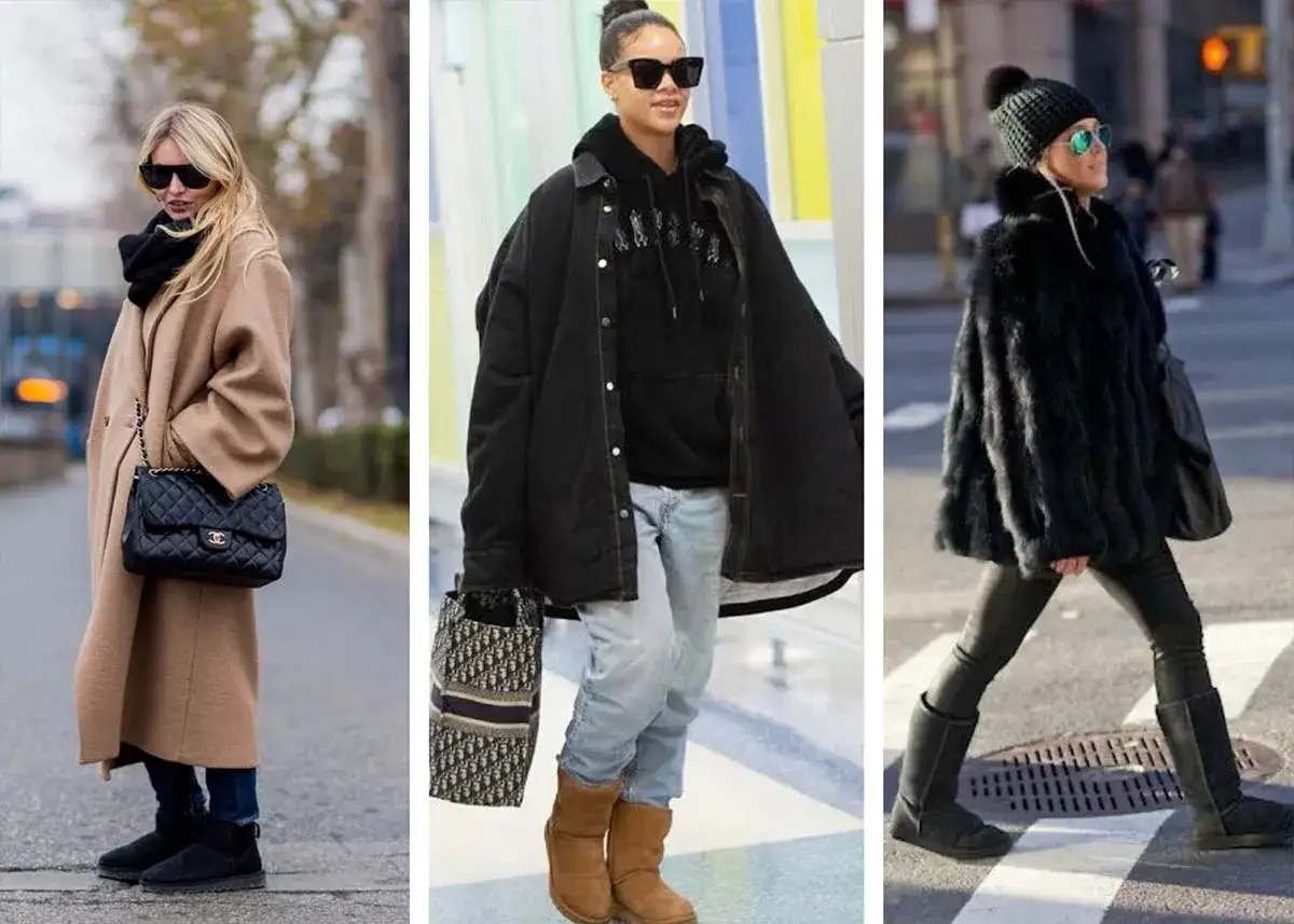 Trois femmes arborent des tenues d'hiver styl&eacute;es. L'une porte une tenue avec ugg noir, un manteau camel et un sac Chanel.