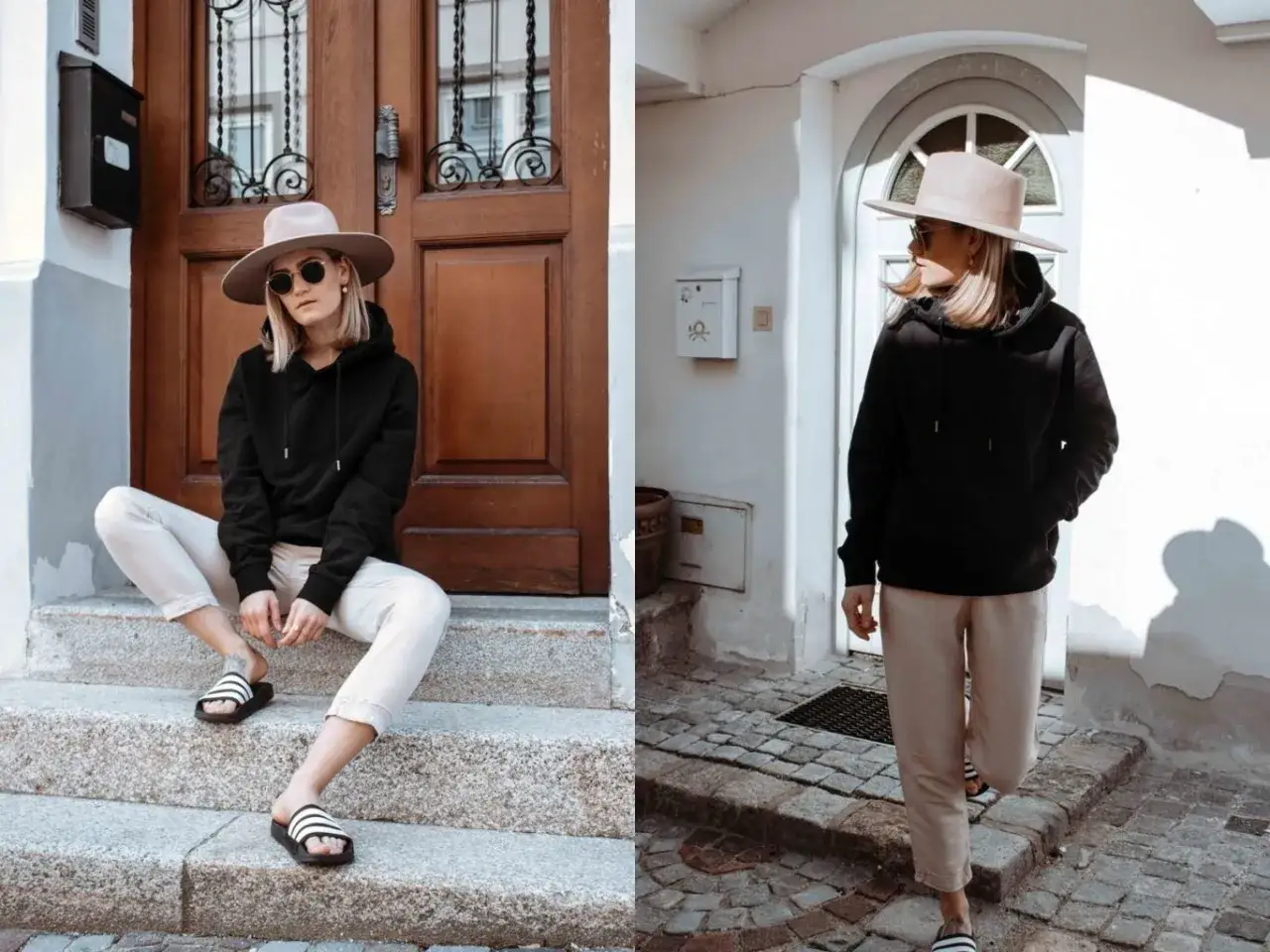 Une femme porte une tenue décontractée avec un sweat à capuche noir, un pantalon beige et un chapeau.