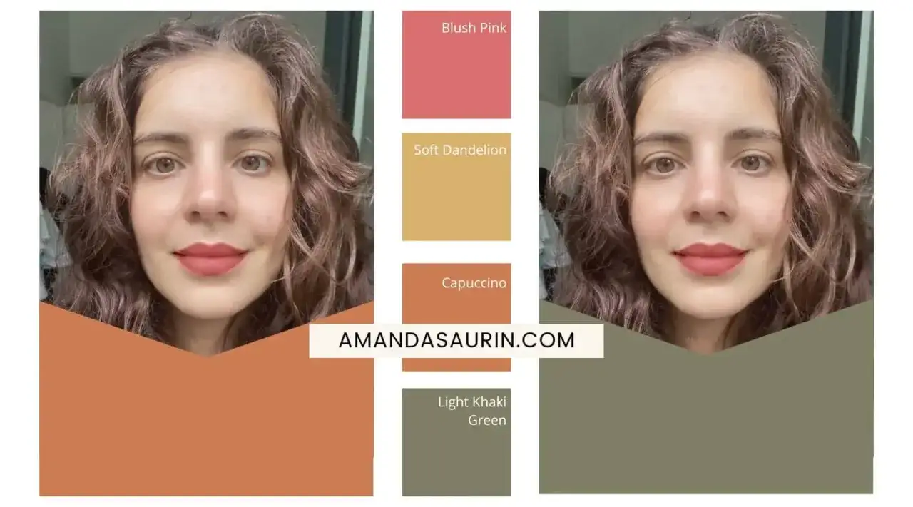 Palette de couleurs pour une blonde &agrave; peau claire : blush pink, soft dandelion, capuccino, light khaki green.