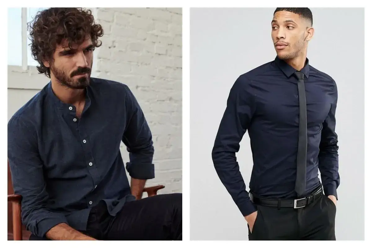 Deux hommes portent une chemise bleu avec un pantalon noir. L'un a une chemise &agrave; col mao, l'autre une chemise habill&eacute;e avec une cravate.