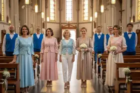 Des femmes en robes pastel et hommes en gilets bleus, une inspiration pour comment s'habiller pour une communion.
