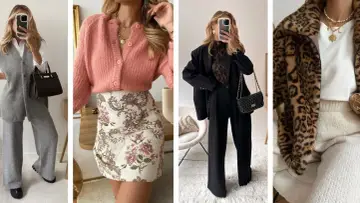 Idées de tenues pour Noël : tailleur gris, robe fleurie rose, tailleur noir chic, ou manteau léopard.