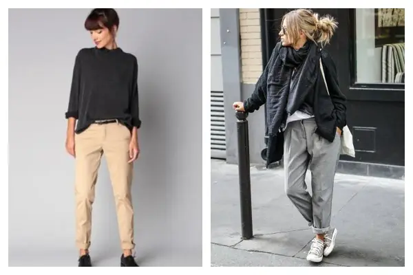 Deux looks pour savoir quelles chaussures avec un chino femme : des derbies noires avec un chino beige, ou des baskets avec un chino gris.