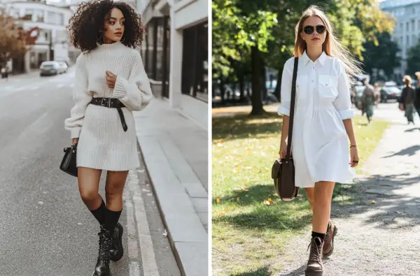 Deux femmes portent une robe avec bottes. L'une, en robe pull crème, arbore des bottes noires lacées. L'autre, en robe chemise blanche, porte des bottes marron.