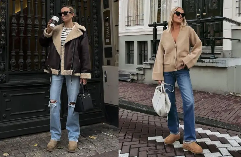 Deux femmes portent des tenues décontractées avec des jeans et des chaussures confortables. L'une a une veste aviateur marron et l'autre un cardigan beige. La tenue avec ugg noir est une option stylée pour l'automne.