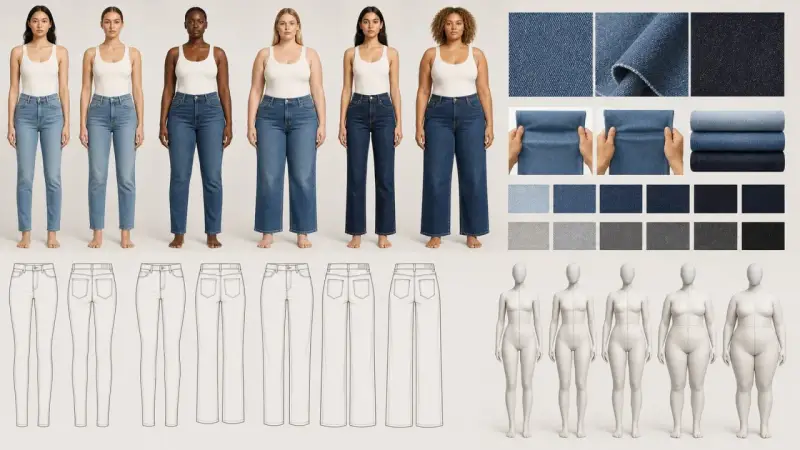 Six mannequins présentent différents modèles de jeans, accompagnés d'échantillons de tissus et de croquis. Le style de jean varie, du slim au large.