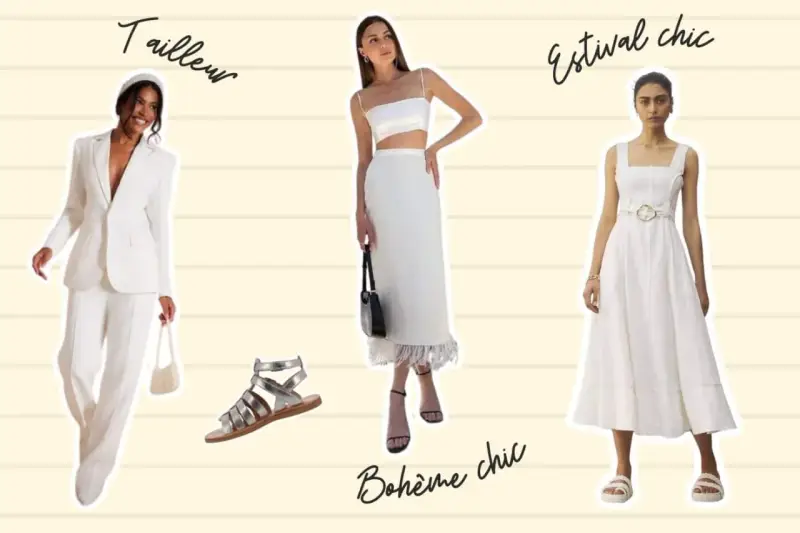 Trois looks pour une soirée blanche : tailleur chic, bohème ou estival.