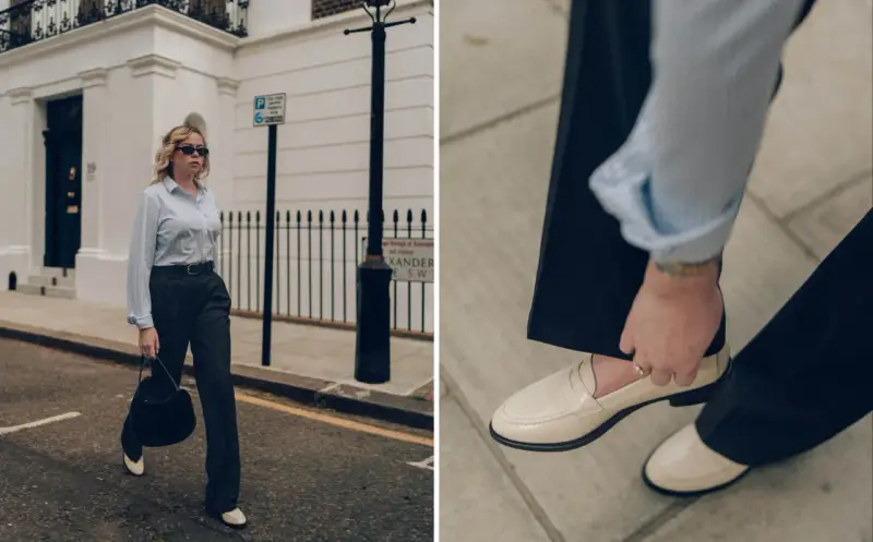 Pour un look hivernal chic, quelles chaussures avec un pantalon large ? Des mocassins beiges élégants complètent parfaitement ce pantalon fluide et cette chemise rayée.
